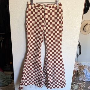 We the Free Checkered Flare Pants in brown and cream